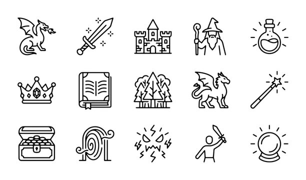 Fantasy Icons Set: Dragon, Wizard, Castle, Sword, Magic, Treasure Chest, Crystal Ball, Vector Graphics