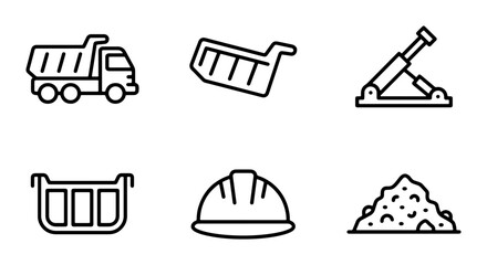 Construction Icons: Dump Truck, Skip, Hydraulic Ram, Hard Hat, Gravel Pile, Vector Set © MdRabiul