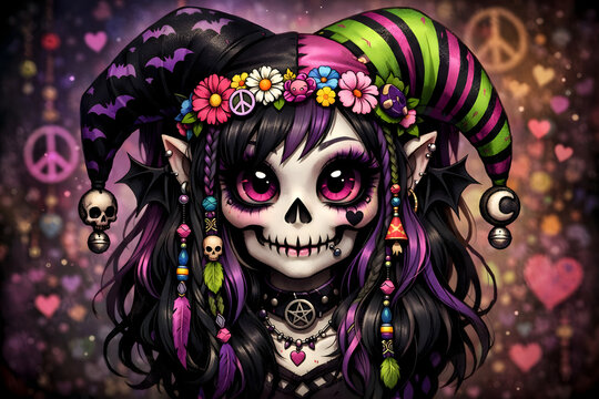 a adorable female emo gothic monster hippie jester skull head 