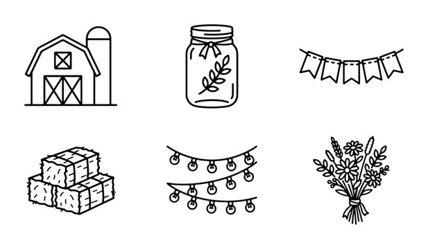 Farm Barn Icons, Mason Jar, Bunting, Hay Bales, String Lights, Bouquet Vector Set