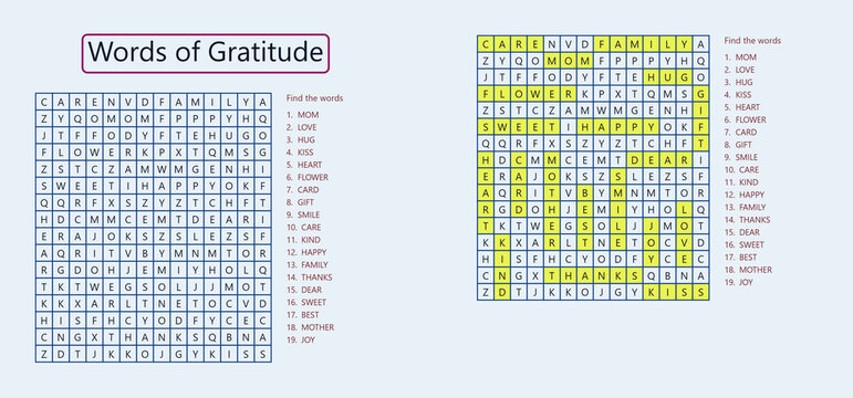 Gratitude word search puzzle featuring positive emotions and relationships