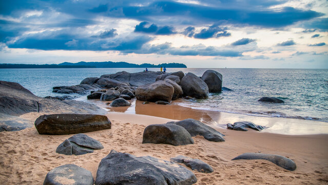 Khao Lak, Thailand - December 22, 2019: Tropical paradise along the Khao Lak coastline, featuring lush nature and calm sea
