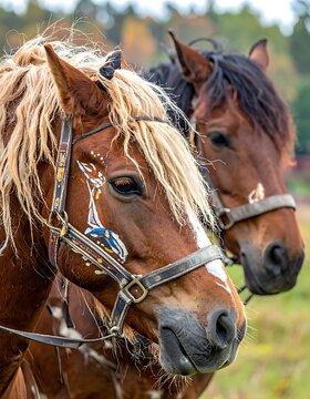 Two brown horses with bridles standing.