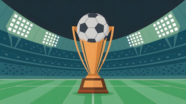 Golden football trophy with soccer ball on top centered in empty illuminated stadium at night.