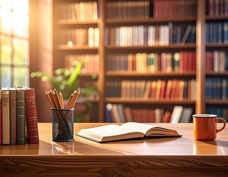 A cluttered wooden desk with books and stationery in a library