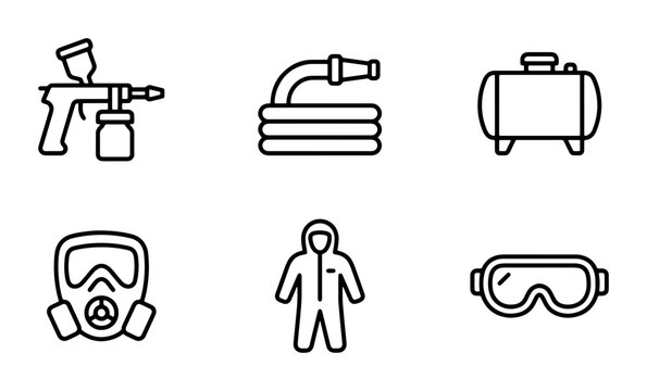 Industrial Safety Equipment Icons: Spray Gun, Hose, Tank, Gas Mask, Suit, Goggles