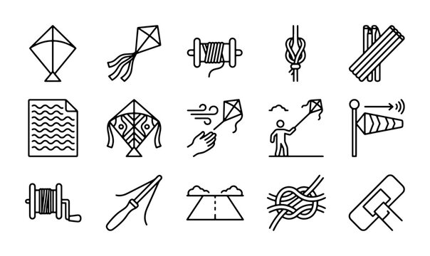 Kite Flying Icons Set: Wind, Knots, Reels, and Outdoor Fun Graphics