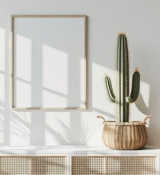Minimalist vertical wooden poster frame mockup on a white wall, featuring a green cactus in a woven basket on a rattan sideboard under bright natural sunlight and warm window shadows.