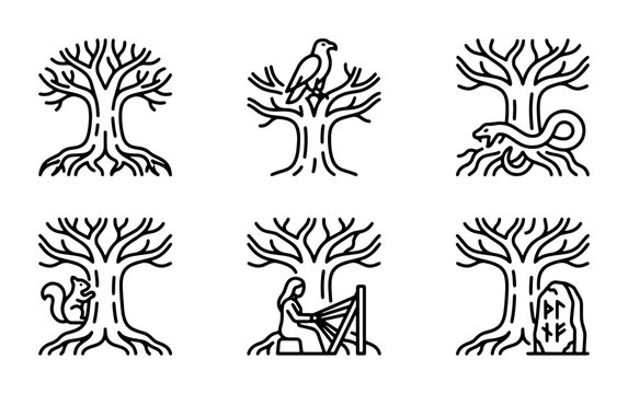 Norse Mythology Yggdrasil Tree Icons, Viking Symbols, Ancient Roots, Mythical Creatures, Rune Stone