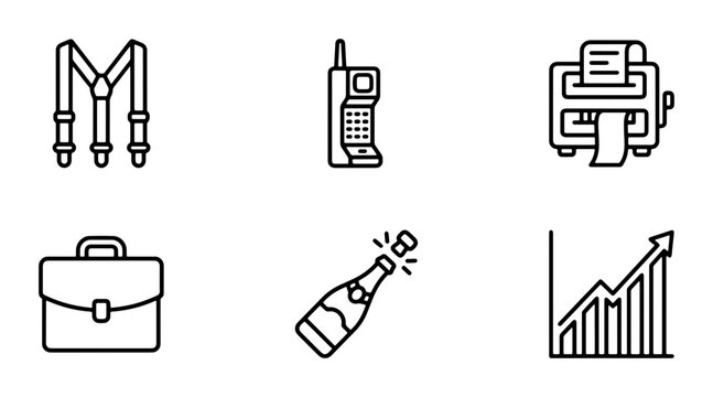Retro Business Icons: Suspenders, Mobile Phone, Fax Machine, Briefcase, Champagne, Growth Chart
