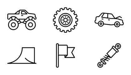 Vehicle Icons: Monster Truck, Damaged Car, Ramp, Shock Absorber, Gear, Flag © Md