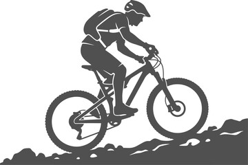 Fototapeta premium Backpack cyclist pedaling uphill on a challenging rocky terrain vector can editable