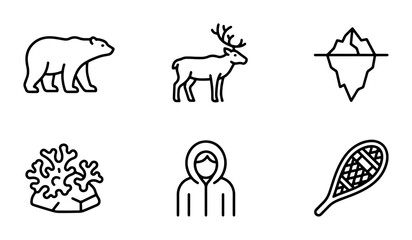 Fototapeta premium Arctic Icons Set: Polar Bear, Reindeer, Iceberg, Snowshoe, Coral, Person in Hood