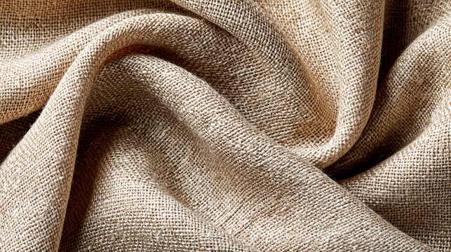 Gros plan sur un tissu en lin brut &agrave; armure &eacute;paisse couleur ivoire. Texture textile naturelle aux fibres organiques et n&oelig;uds visibles