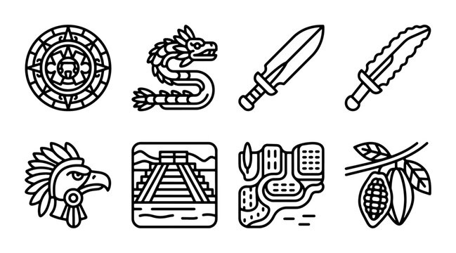 Ancient Mesoamerican Icons: Aztec Sun Stone, Serpent, Warrior, Pyramid, Cocoa, Vector Set