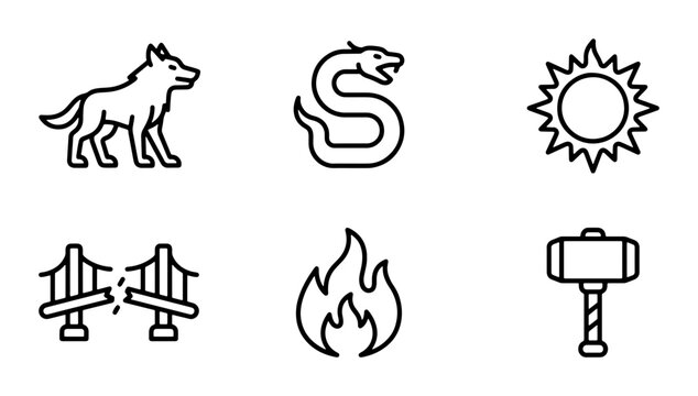 Norse Mythology Icons: Wolf, Serpent, Sun, Bridge, Fire, Hammer Vector Set