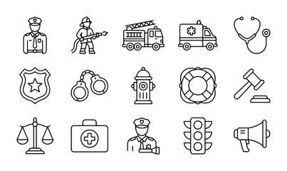 Fototapeta premium Emergency Services Icons: Police, Firefighter, Ambulance, Medical, Justice Symbols