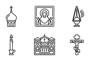 Orthodox Christian Icons, Symbols, and Religious Objects Vector Set, Faith and Spirituality Line Art Collection © Md
