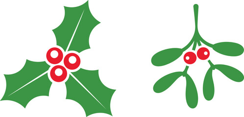 Christmas Holly Leaves and Mistletoe Branch Vector Icon Set with Red Berries for Winter Holiday Greetings, Festive Designs, and New Year Decorations © Garun Creative