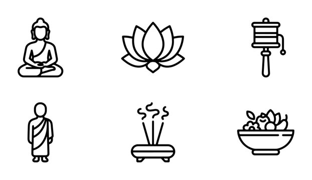 Buddhist Icons Collection: Buddha, Lotus Flower, Prayer Wheel, Monk, Incense, Offering Bowl
