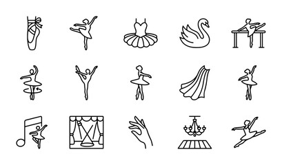 Ballet Icon Set, Elegant Dancer Poses, Tutu, Swan, Pointe Shoes, Stage Elements © Sharmin