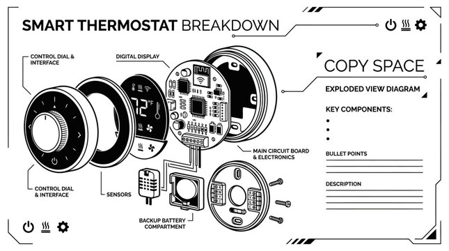 Technical exploded view diagram of a smart thermostat device components.