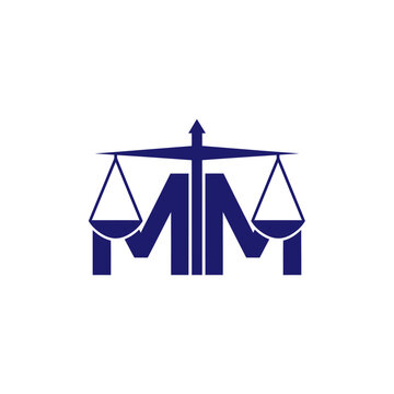 A stylized logo featuring a balance scale combined with a geometric letter M design
