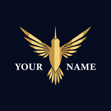 Stylized golden hummingbird with outstretched wings on a dark background, customizable text
