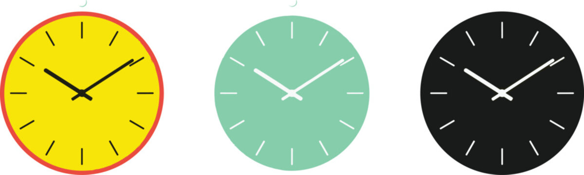 Minimalist Wall Clock Icon Set Featuring Modern Round Analog Clocks in Yellow Mint Green and Black for Time Management Corporate Office and Home Decor Vector Illustration