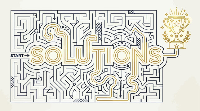 A complex maze puzzle featuring the word solutions leading to a golden trophy.
