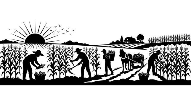 Silhouettes of farmers working in a cornfield during sunrise.