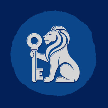 A stylized lion holds a large vintage key, depicted in a monochrome design on a circular dark blue background