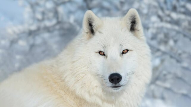 Portrait of majestic white arctic wolf in winter forest. Animated cinemagraph, parallax animation, based on an original photograph.
