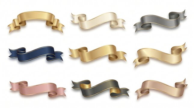 Elegant metallic ribbon banners set, 9 luxury satin silk scrolls in gold silver and rose gold, premium decorative curved ribbon elements for awards