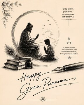 Happy Guru Purnima Vintage Sketch Illustration | Spiritual Teacher Blessing Artwork | Indian Festival Poster Design