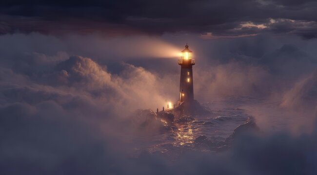 Mysterious beacon tower emerges from dense fog illuminating distant village lights under dramatic twilight sky atmospheric glow guiding ships at sea serene nighttime landscape
