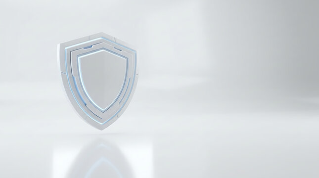 Modern white shield with glowing blue accents on a reflective surface
