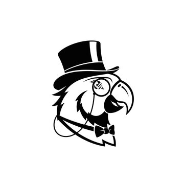 Stylized black and white cartoon parrot wearing a top hat, glasses, and bow tie