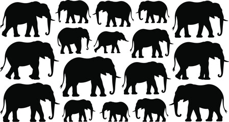 Elephant Silhouette Collection Set with African Wildlife Animals Isolated Black Vector Shapes for Nature Design © Sreejoynaraon