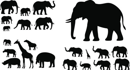 Elephant and Wild Animal Silhouette Collection Isolated on White Background for Safari and Wildlife Design Projects © Sreejoynaraon