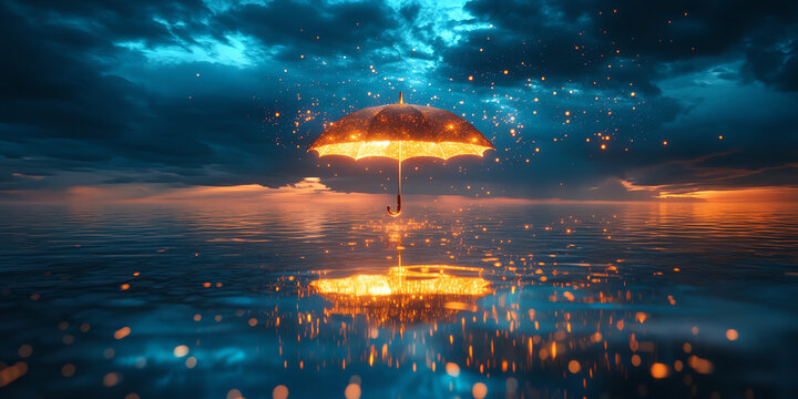 Umbrella Glow Over Water