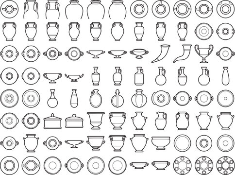 A collection of diverse ancient pottery and ceramic vessels, including amphorae, bowls, and plates, showcased in a clean, linear vector illustration.