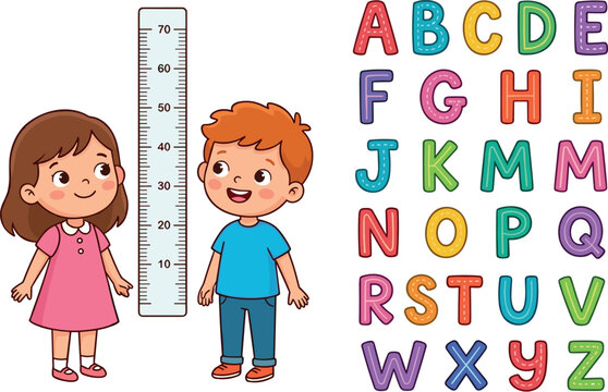 Cute cartoon kids measuring height next to colorful decorative alphabet chart pack vector illustration for preschool educational classroom poster isolated on white background