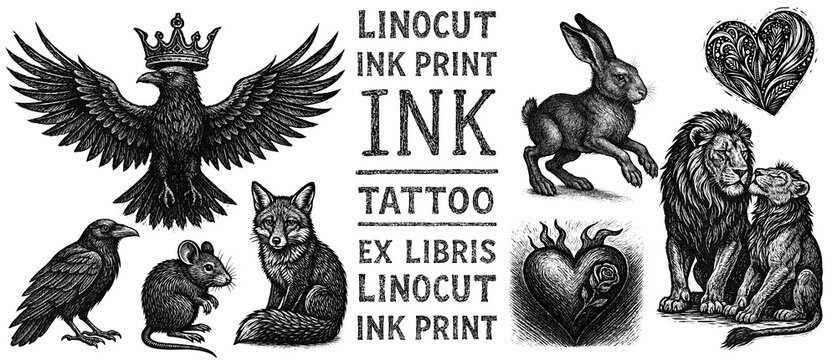 eagle, crown, crow, mouse, heart, love, pair of lions, tattoo, print, linocut stamp, ex libris, ink