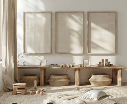 Three blank vertical frames mockup in a warm beige minimalist kids playroom. Wooden toys, cozy rug, and baskets under soft shadows. Ideal for showcasing neutral nursery art prints.