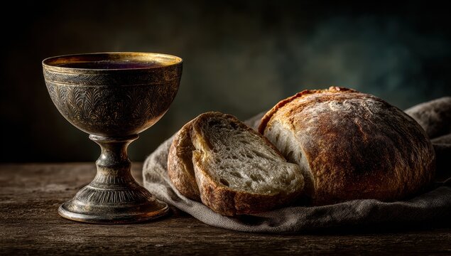 Ornate Goblet Filled with Deep Red Liquid Beside Sliced Crusty Bread Dusted with Flour on Rustic Wooden Surface with Dark Moody Background Dramatic Lighting and Textile