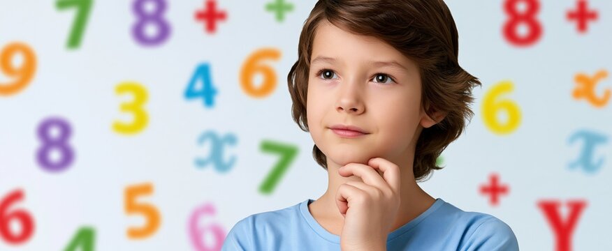 Student solving math problems with colorful numbers and symbols in a bright classroom setting.