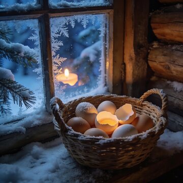 Eggs in woven basket on snowy cabin windowsill warm candlelight winter rustic cozy hygge atmosphere cinematic scene