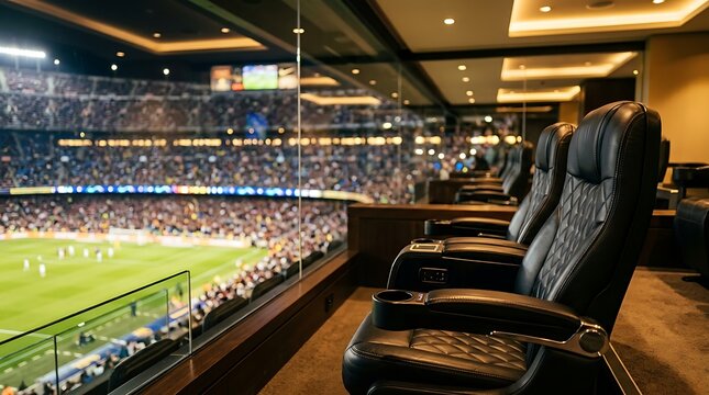 Luxury stadium seats face crowded soccer field with green grass and players at night through tunnel entrance opening.