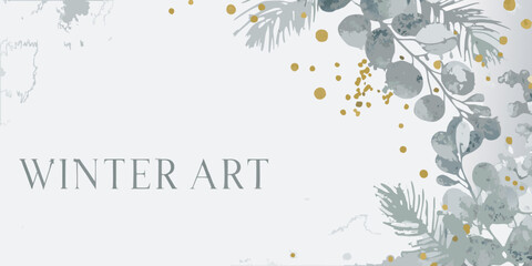 watercolor eucalyptus branches with gold dots on a white background © Tarun